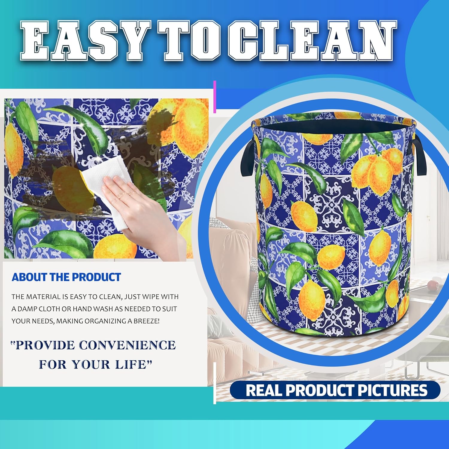 Lemon Laundry Basket Oxford Cloth Mexican Tiles Flower Laundry Hamper With Handle Foldable Portable Clothes Storage Basket 18.9 X 16.5 In Storage Bag For Laundry Room/Bathroom/Bedroom/Dormitories