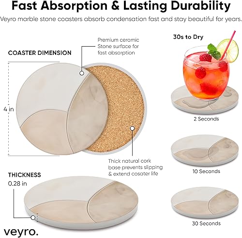 Miniatura 5 de VEYRO Juego de 4 posavasos para bebidas  Posavasos de cerámica absorbente con respaldo de corcho para mesa de café y escritorio, moderno juego de