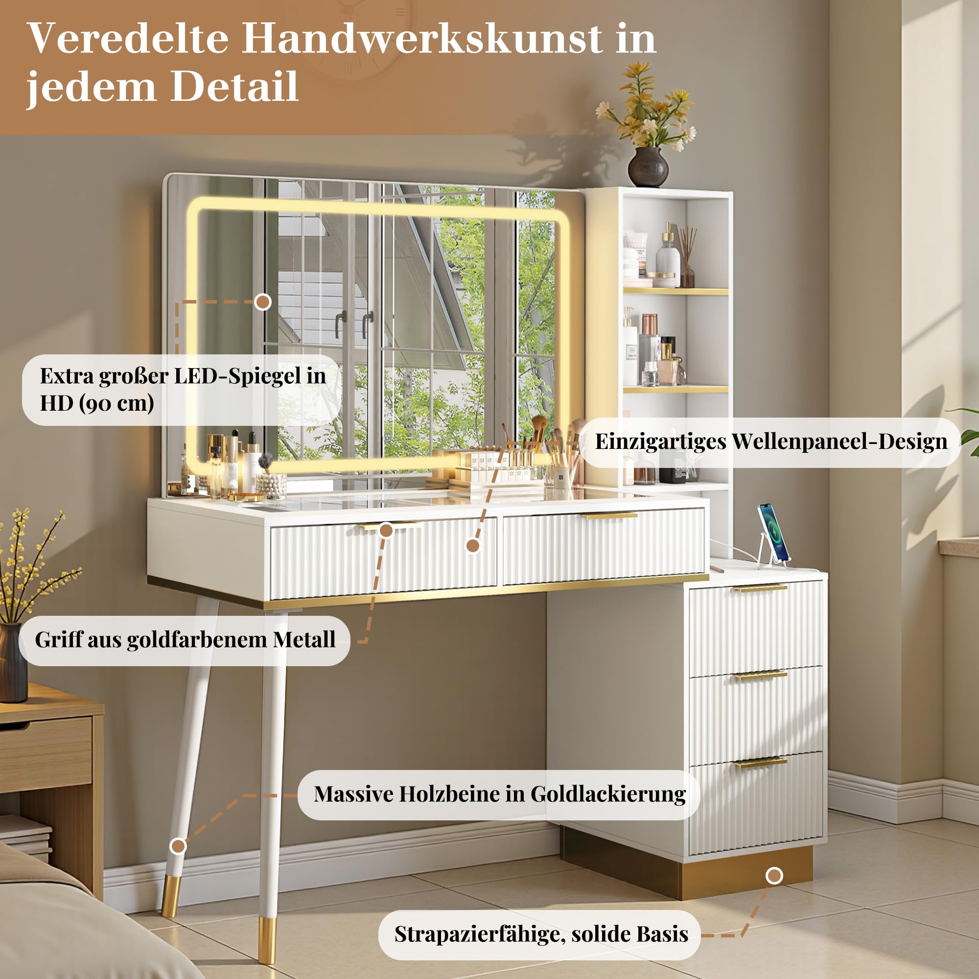 LUXOAK Großer Schminktisch mit LED-Spiegel und USB-Anschluss, 5 Schubladen, Glasplatte, Breites Design 122×40×137 cm, Stabil & Pflegeleicht, Ideal für Schlafzimmer