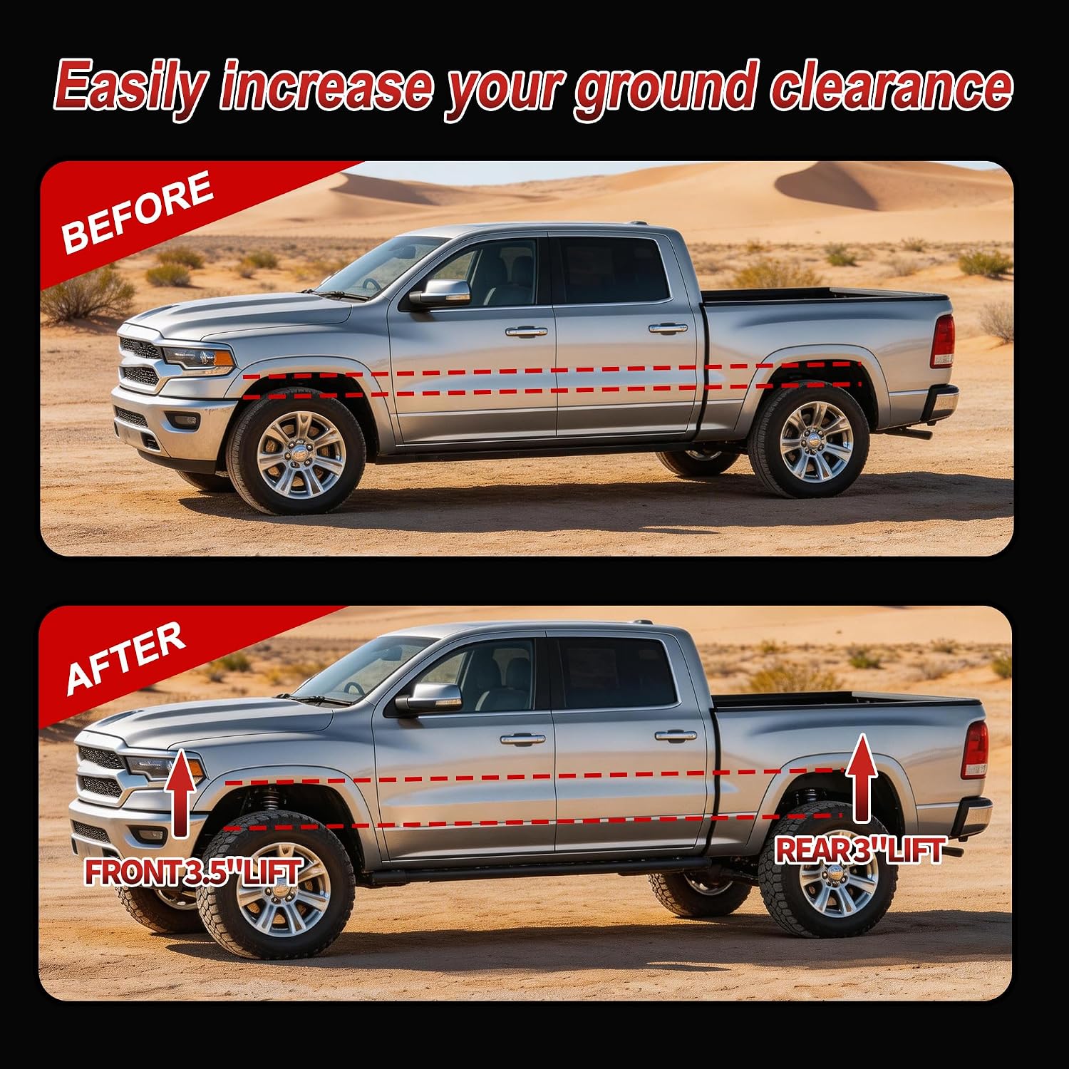 3.5" Front + 3" Rear Leveling Lift Kit for 2009-2026 Ram 1500 4WD/AWD,2020-2026 Ram1500 2WD/RWD Pickup,With Sound Isolator