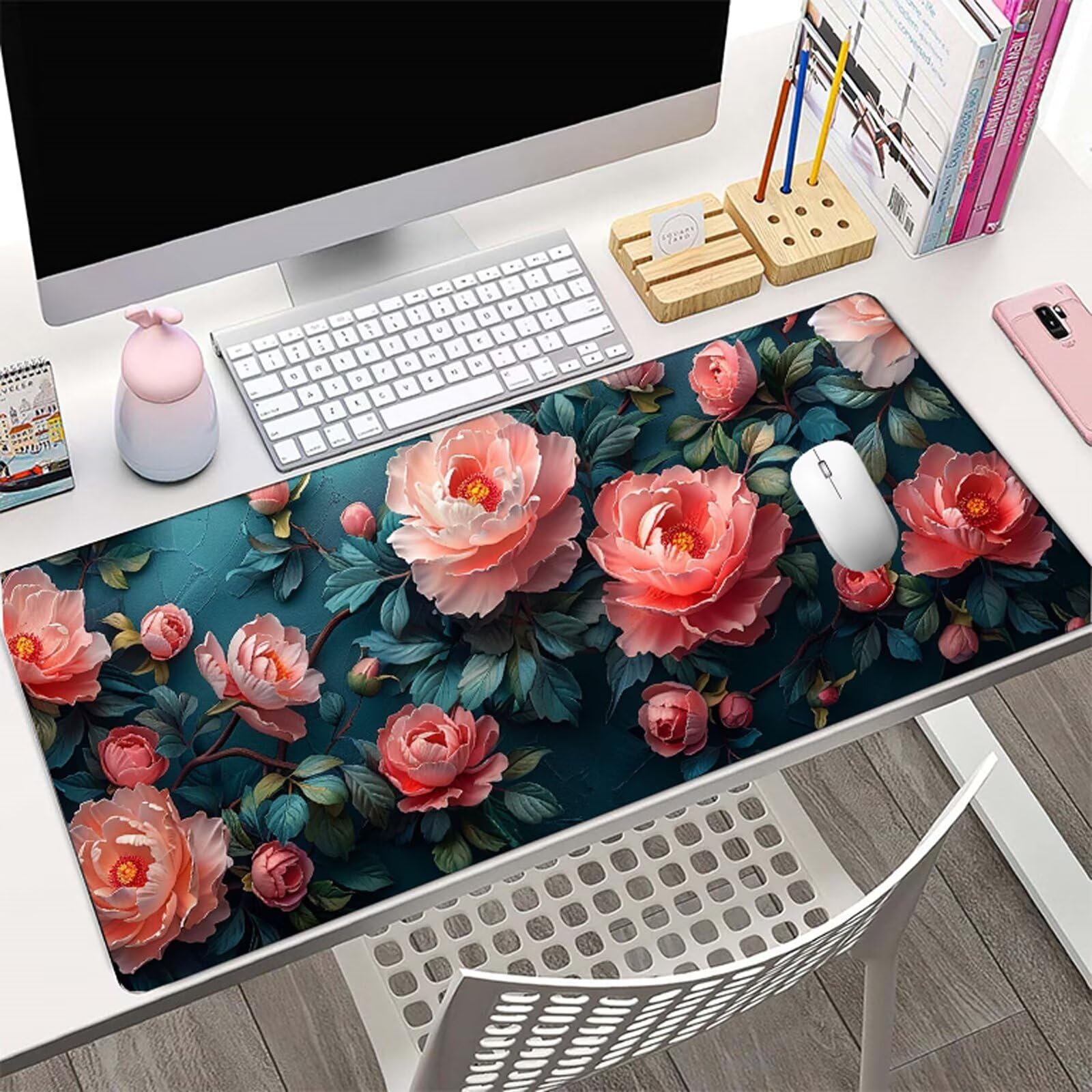 Rosa Alfombrilla Ratón XXL 150x80 cm Mouse Pad Grande Gaming Planta Alfombrilla Escritorio Antideslizante, Protector de Mesa para Ordenador y Teclado, Bordes Cosidos, Accesorios Oficina, Regalo W6-357