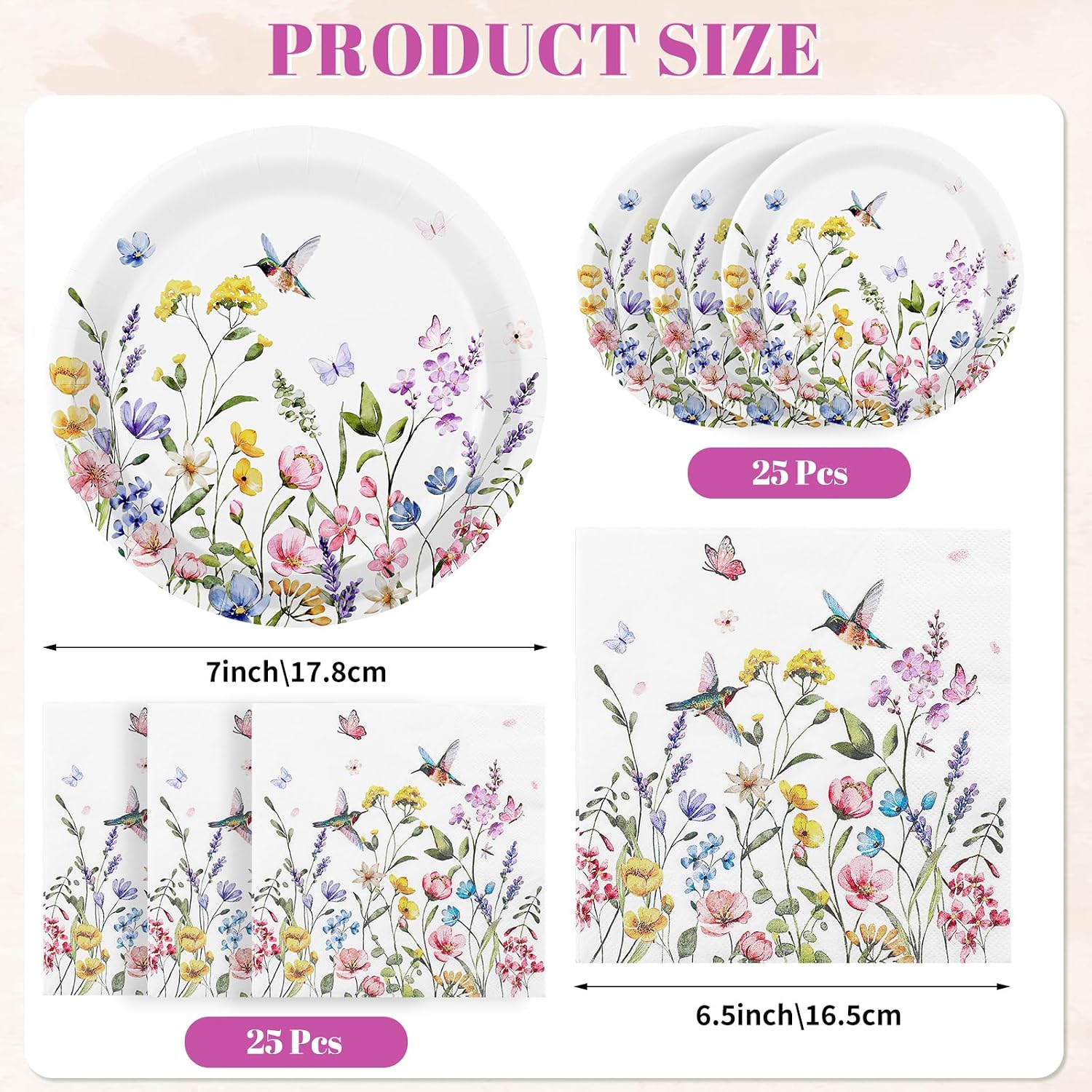 NatNarr 50 Pcs Wildflower Paper Plates and Napkins and 3 Pack Wildflower Plastic Tablecloths image 5