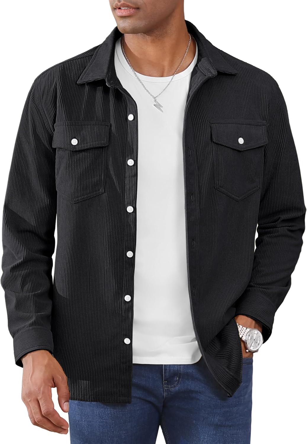 Cotrasen Men's Corduroy Shirt Jacket Button Down Long Sleeve Ribbed Shacket Lightweight Overshirt with Flap Pockets