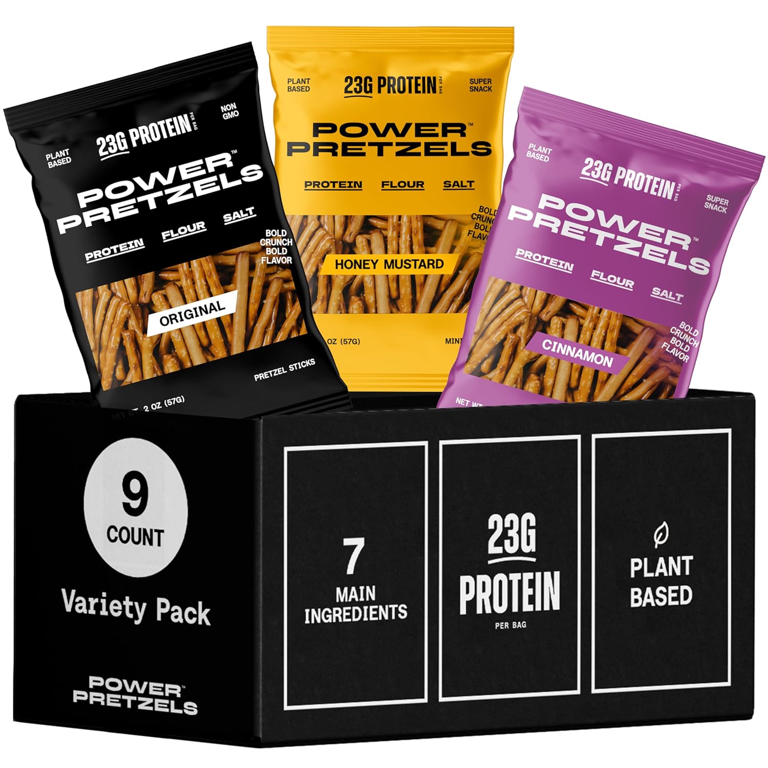 Power Pretzels - Variety Pack, 9 Count, 23g Protein per Bag, Vegan Friendly and Plant-Based, (3) Cinnamon, (3) Honey Mustard, (3) Salt, Perfect for Active Adults, Great for Gym, Work, or On-the-Go