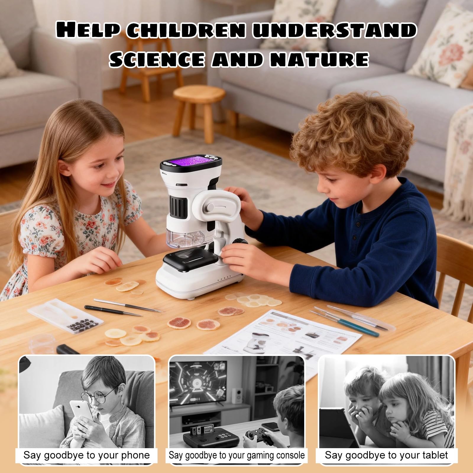 Microscope Enfant pour Enfants Écran 2,0 Pouces Et Nombreux Accessoires | Convient Pour Une Utilisation à La Main Ou Sur Un Bureau,Conçu Pour Les Enfants Âgés De 6 Ans Et Plus