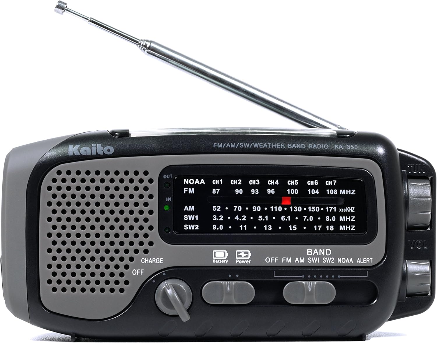 Kaito KA350GY Voyager Trek Solar/Crank AM/FM/SW NOAA Weather Radio with 5-LED Flashlight, Gray