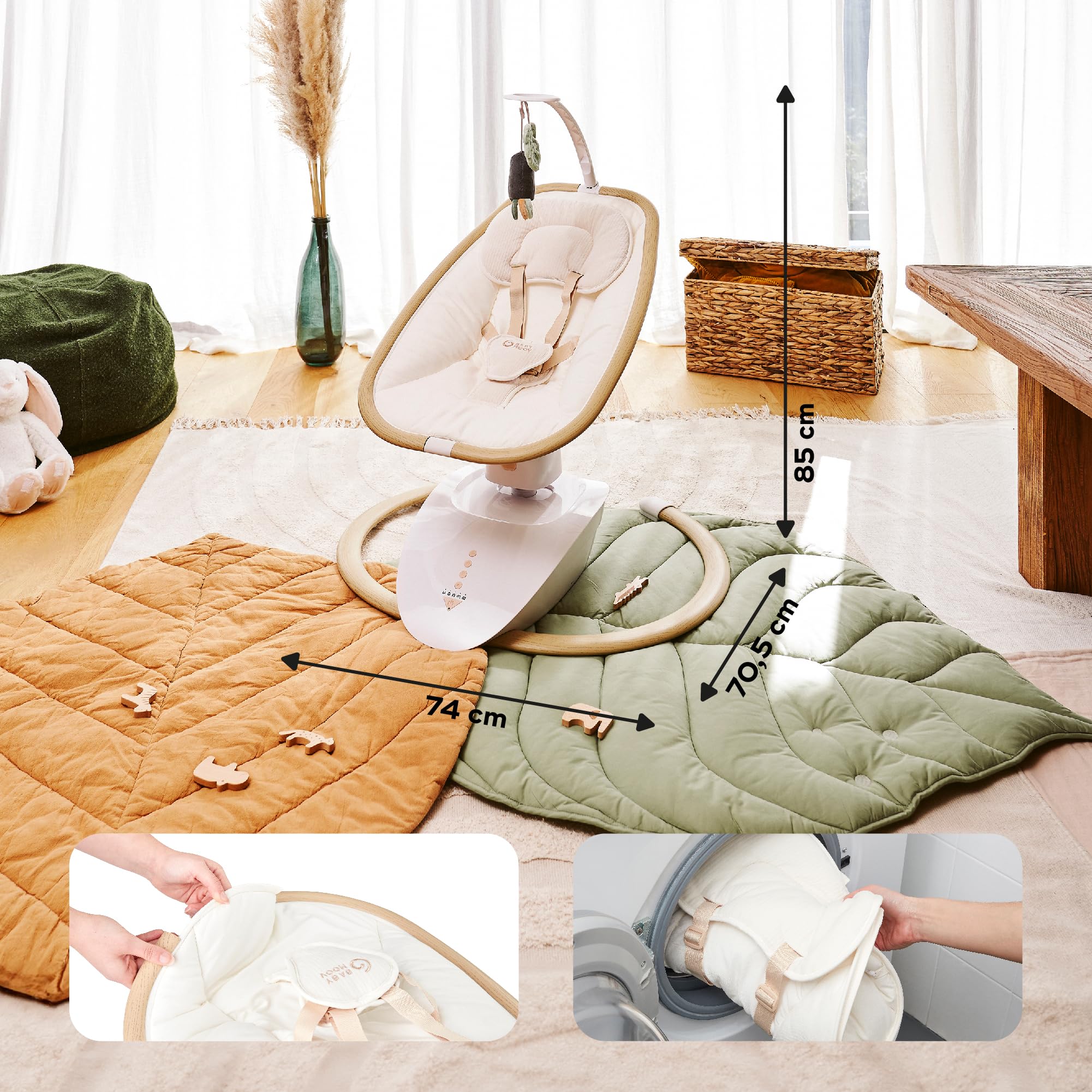 Babymoov Balancín eléctrico para bebé Swoon Hoop - Diseño Elegante - Asiento de 90° - 5 Movimientos de balanceo - Arco de Juego y Reductor para recién Nacido incluidos