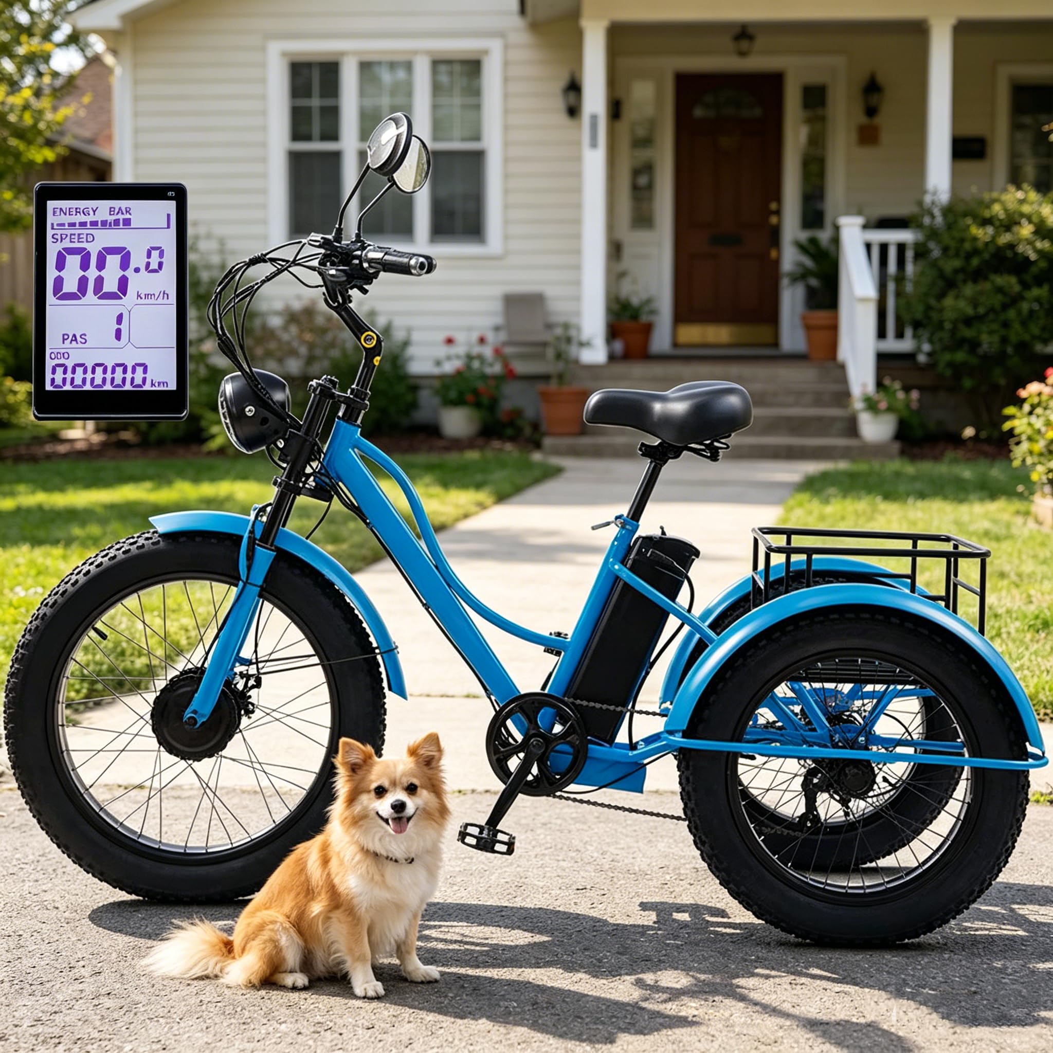 24'' 7 Speeds Adult Electric Tricycle, 48V15Ah 3 Wheels Electric Bike E-Trike with Large Basket, Fat Tyres Electric Cargo Tricycle for Senior, Lcd-Display, 65km Range, for Shopping/Commuting Blue