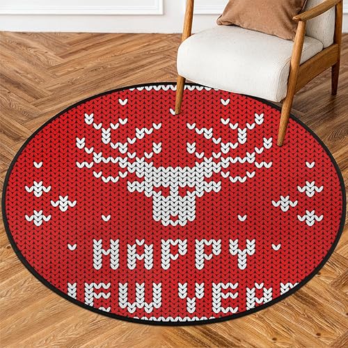 Happy New Year Red Reindeer Round Area Rug 3ft Machine Washable Circular Rugs for Dining Room Table Bedroom Playroom Throw Rugs for Dog Living Room