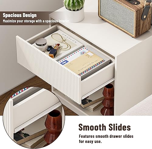 Miniatura 5 de Juego de 2 mesitas de noche acanaladas, moderna mesita de noche con cajón y estante de almacenamiento, mesa auxiliar de madera de mediados de siglo