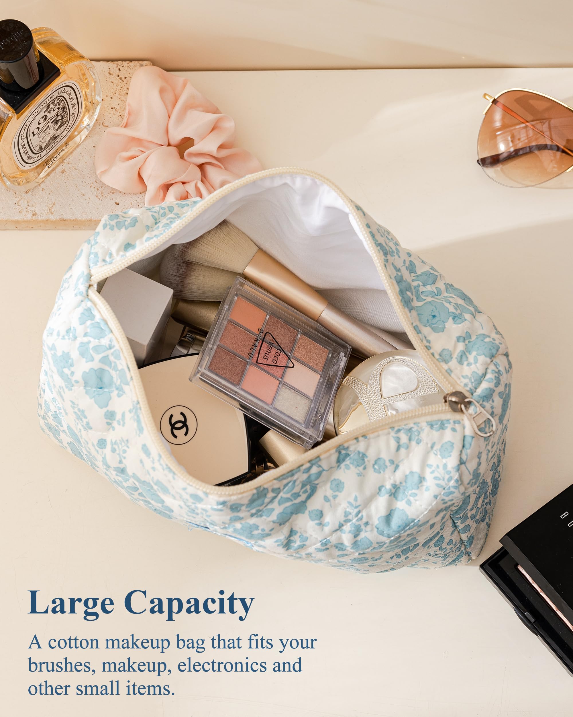 HBselect Initial Makeup Bag, Quilted Makeup Bag, Cotton Large Travel Makeup Bag, Cute Floral Coquette Make up Bag Cosmetic Bag Toiletry Bag for Women Girls M