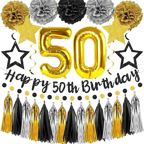 Kuxriox 13Pcs Happy 50th Birthday Decorations for Men Women, Black Gold 50th Birthday Banner and Balloons, Glittery 50 Year Old Bday Tissue Pompoms, Circle Dots Garland, Tassel Garland Party Supplies
