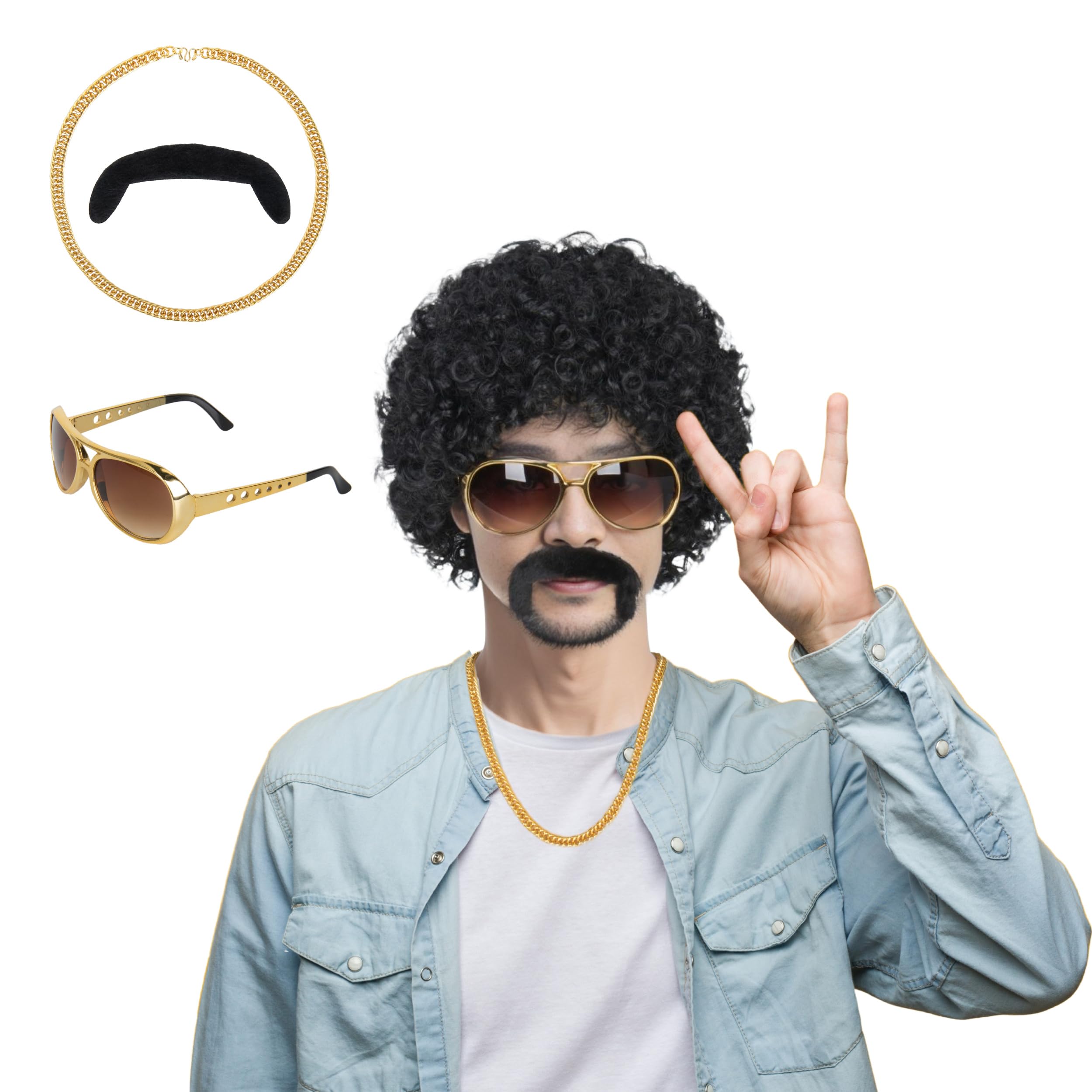 Yan Dream Men 80s Disco Wig Fluffy Afro Black Wig with Necklace Mustache and Glasses for Punk Rock Cosplay Halloween Set