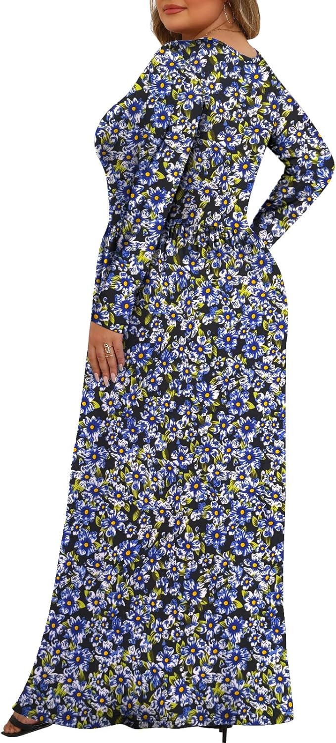 Tencede Womens Plus Size Maxi Dresses Long Sleeve with Pockets Casual Long Dress 1X-5X - Image 4