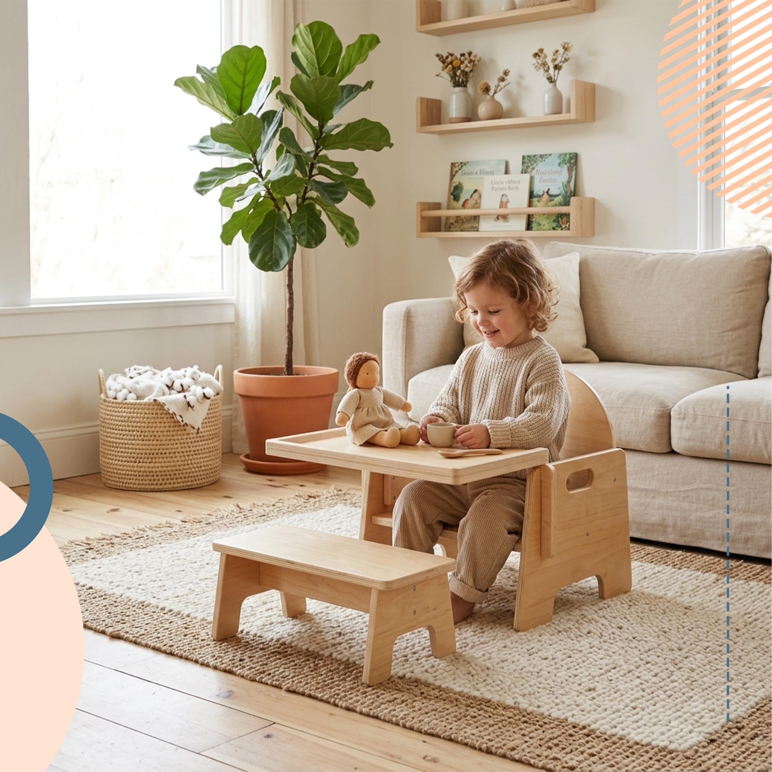 Relaxdays Chaise Enfant avec Table Intégrée, Bois Naturel, 32x33x29 cm, Montessori, dès 1 an