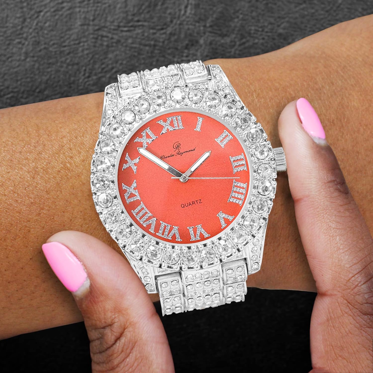 Charles Raymond Women's Big Rocks Bezel Colored Dial with Roman Numerals Fully Iced Out Watch - ST10327LA (Silver - Peach)