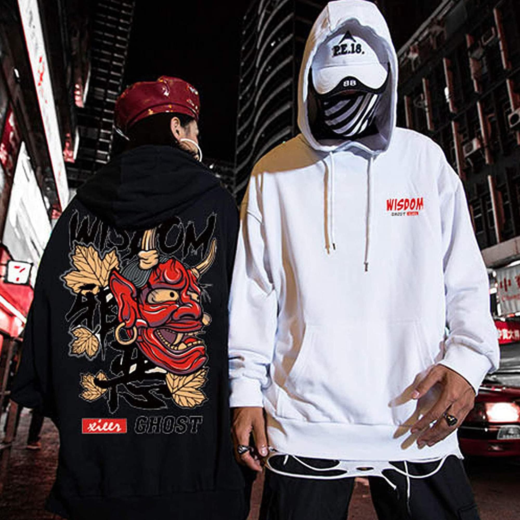 XYXIONGMAO Felpe con Cappuccio Grafica per Uomo con Cappuccio Giapponese Streetwear Oversize Nero Bianco Fantasma Hip-Hop Buono e Male, Viola, 2XL