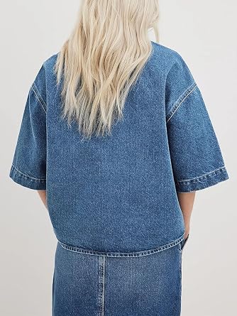 Imily Bela Womens Oversized Short Sleeve Denim Jackets Cropped Jean Tops