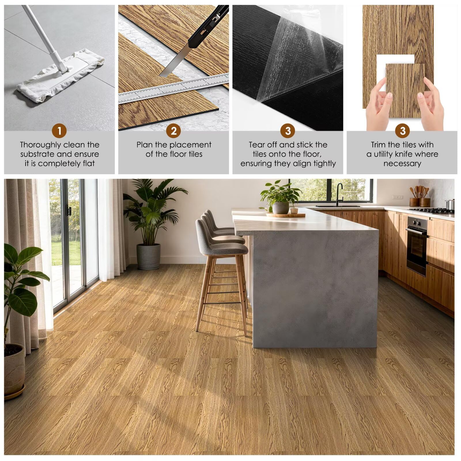 DEXDE Pavimenti in vinile Peel and Stick, confezione da 36 pezzi, 54 mq, impermeabili, autoadesive, texture con venature del legno naturale, resistenti, per cucina, bagno, camper e decorazioni per la