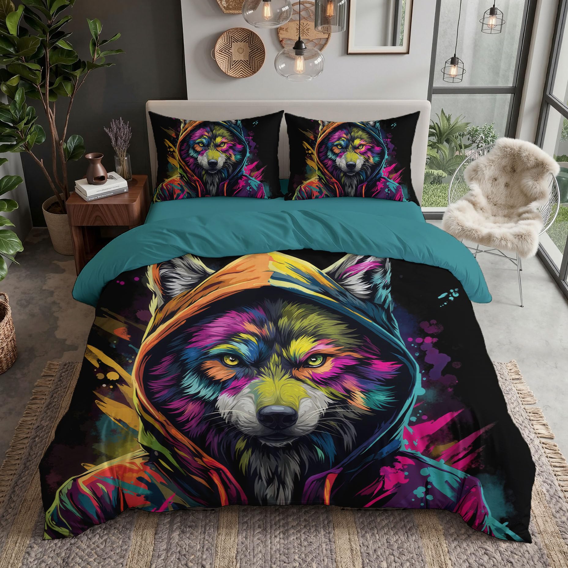 Housse de Couette 220x240cm graffiti rue Loup anthropomorphe pour lit deux places rose jaune