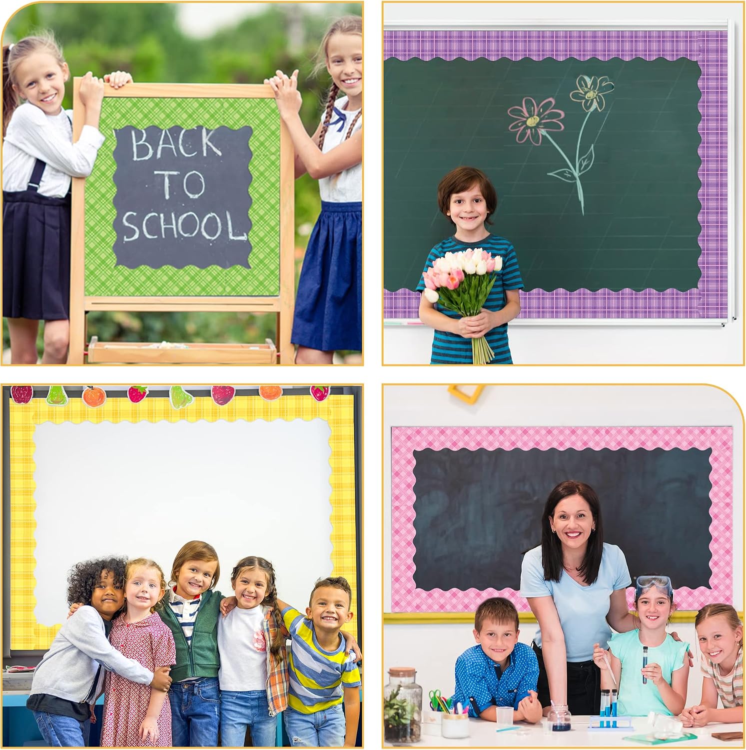 BeYumi 80Pcs Spring Green Yellow Pink Purple Plaid Bulletin Board Borders Colourful Easter Plaid Border Trim Springtime Easter School Classroom Office Party Chalkboard Blackboard Whiteboard Decoration