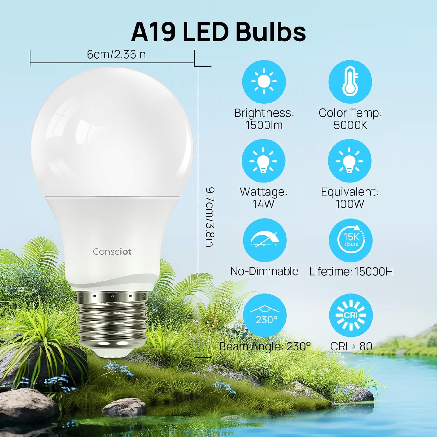 Consciot A19 LED Light Bulb,100W Equivalent,14W 5000K Daylight White,E26 Base,1500 Lumens Non-Dimmable,Energy Efficient LED Light Bulbs,UL Listed for Home Lighting,5-Pack