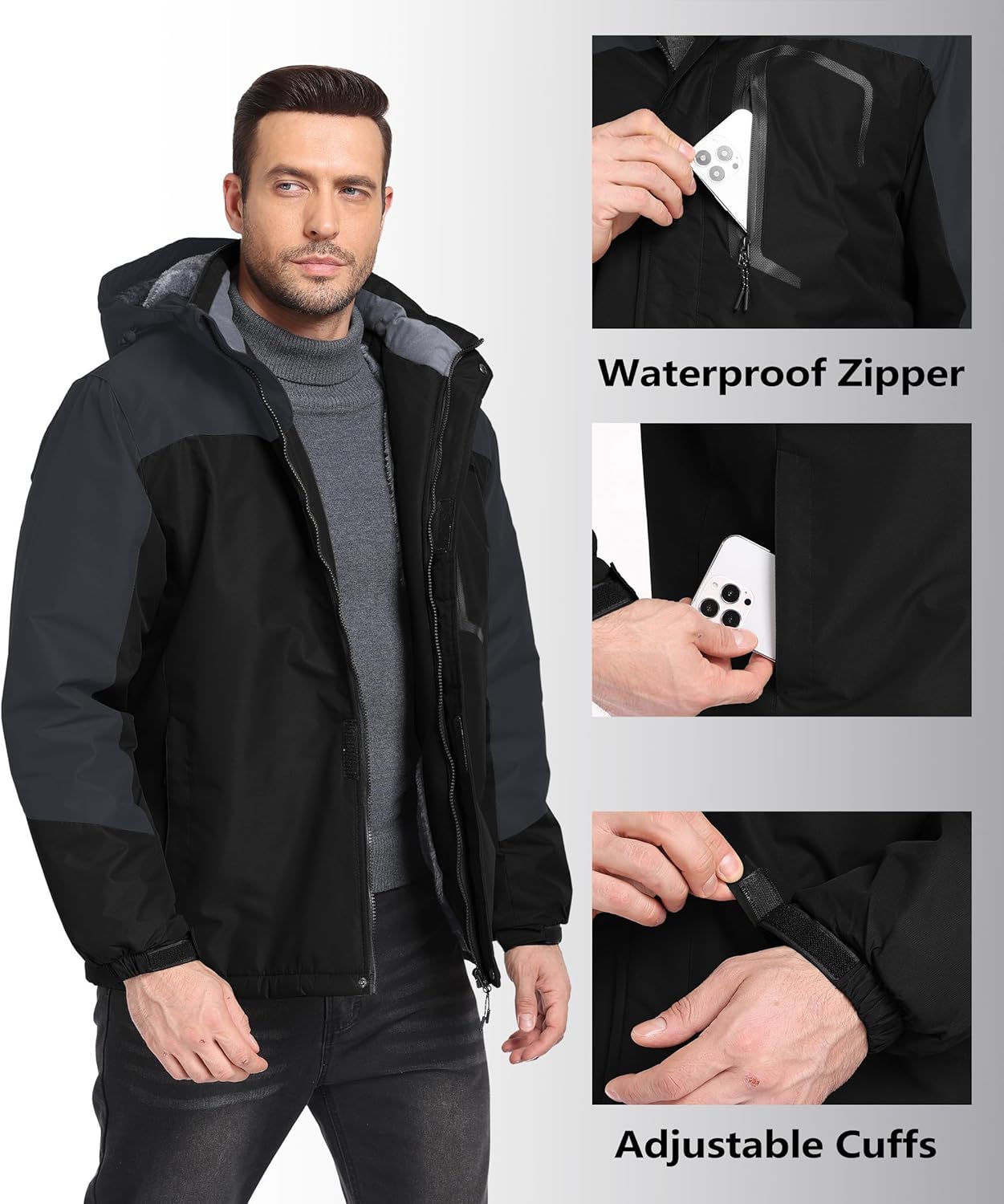 Mens Winter Jackets Waterproof Warm Fleece Ski Jacket with Hood Thermal Windproof C... - Image 3