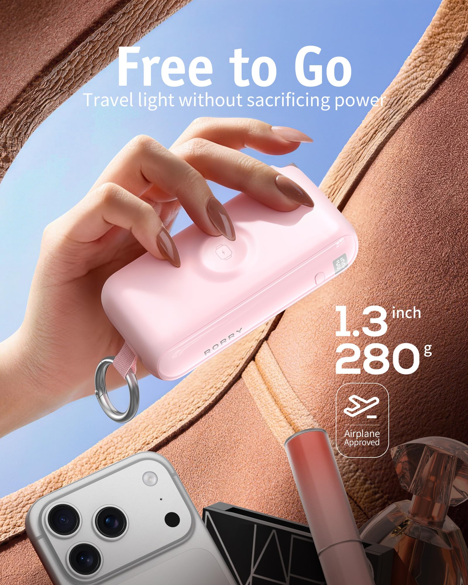 RORRY Flow Portable Charger, 10000mAh 40W Fast Charging Power Bank with Built-in USB C Cable and Foldable Wall Plug, Battery Pack Travel Essentials for iPhone 17/16/15, Apple Watch, iPad, MacBook — view 3