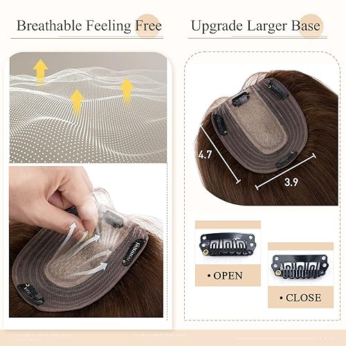 Miniatura 10 de MY-LADY Toppers de cabello humano de densidad del 150 % sin flequillo para mujer, 10 pulgadas (sin flequillo), base de seda marrón medio, piezas de