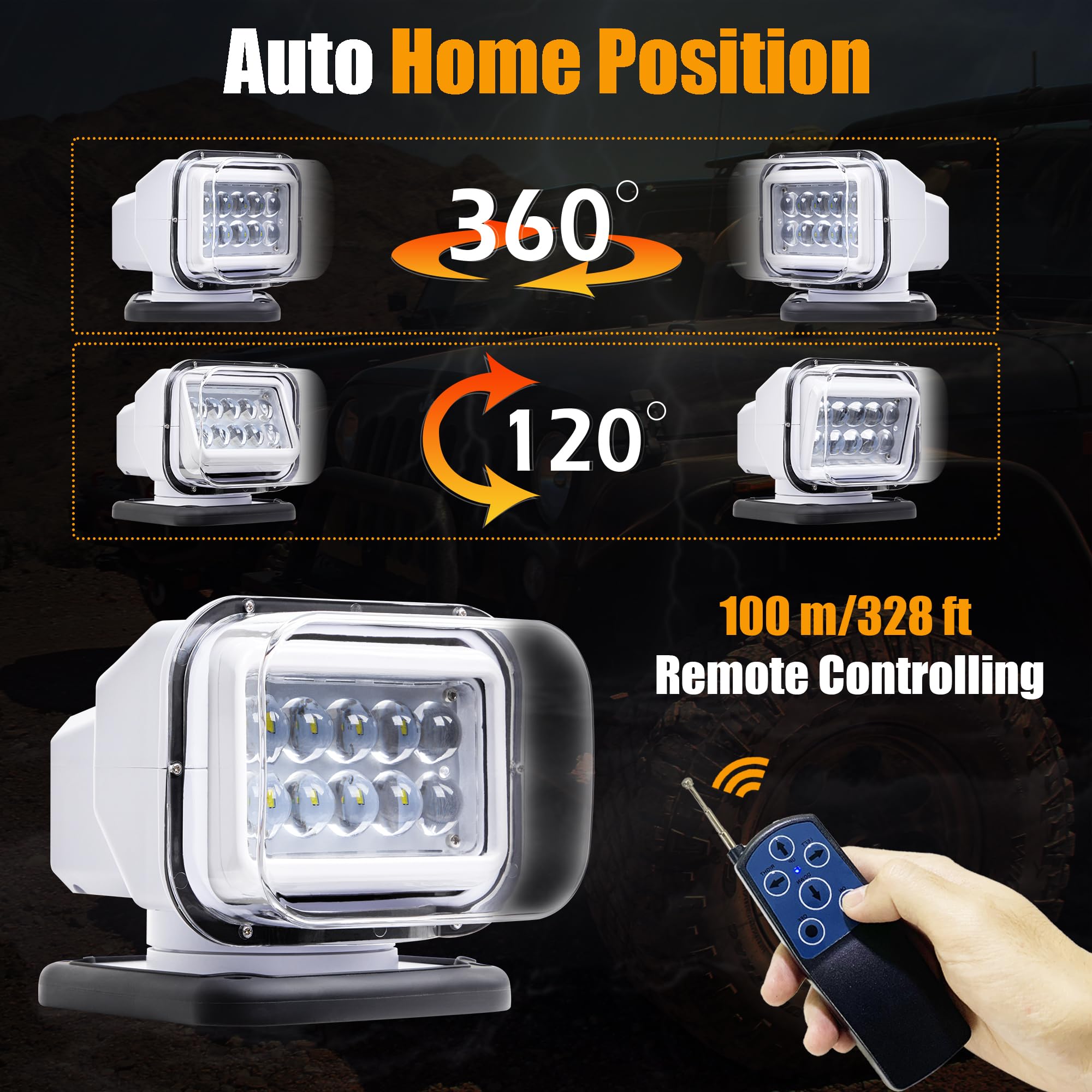 Condition photo showing Good Condition for remote led spot light for trucks, auto-reset 360 rotating waterproof marine spotlight for boat, magnetic search light for truck (12v-24v led white)