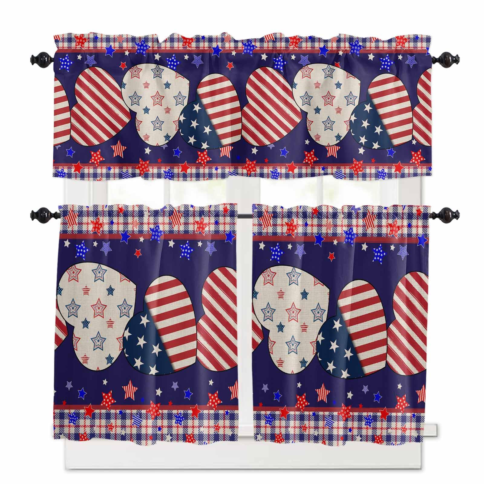 Independence Day Kitchen Curtains 36 Inch Length, 3 Piece Rod Pocket Small Half Tiers and Valance Set, American Flag Star Blue Red Plaid Small Large Window Treatment Decor for Bedroom/Bathroom Sink