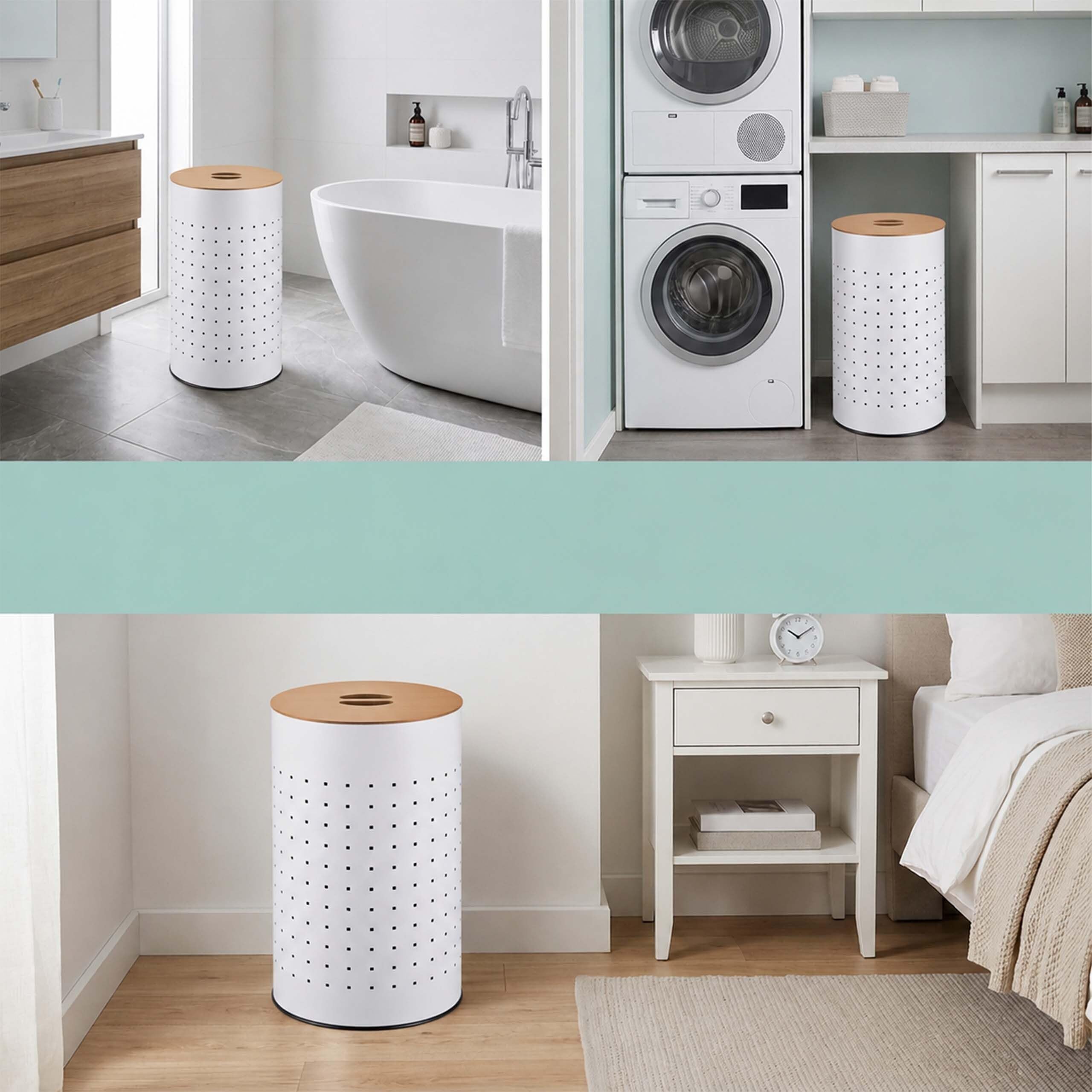 Relaxdays cesto portabiancheria con coperchio, metallo, bianco/naturale | 50 l, HxD: 57 x 35 cm, forato