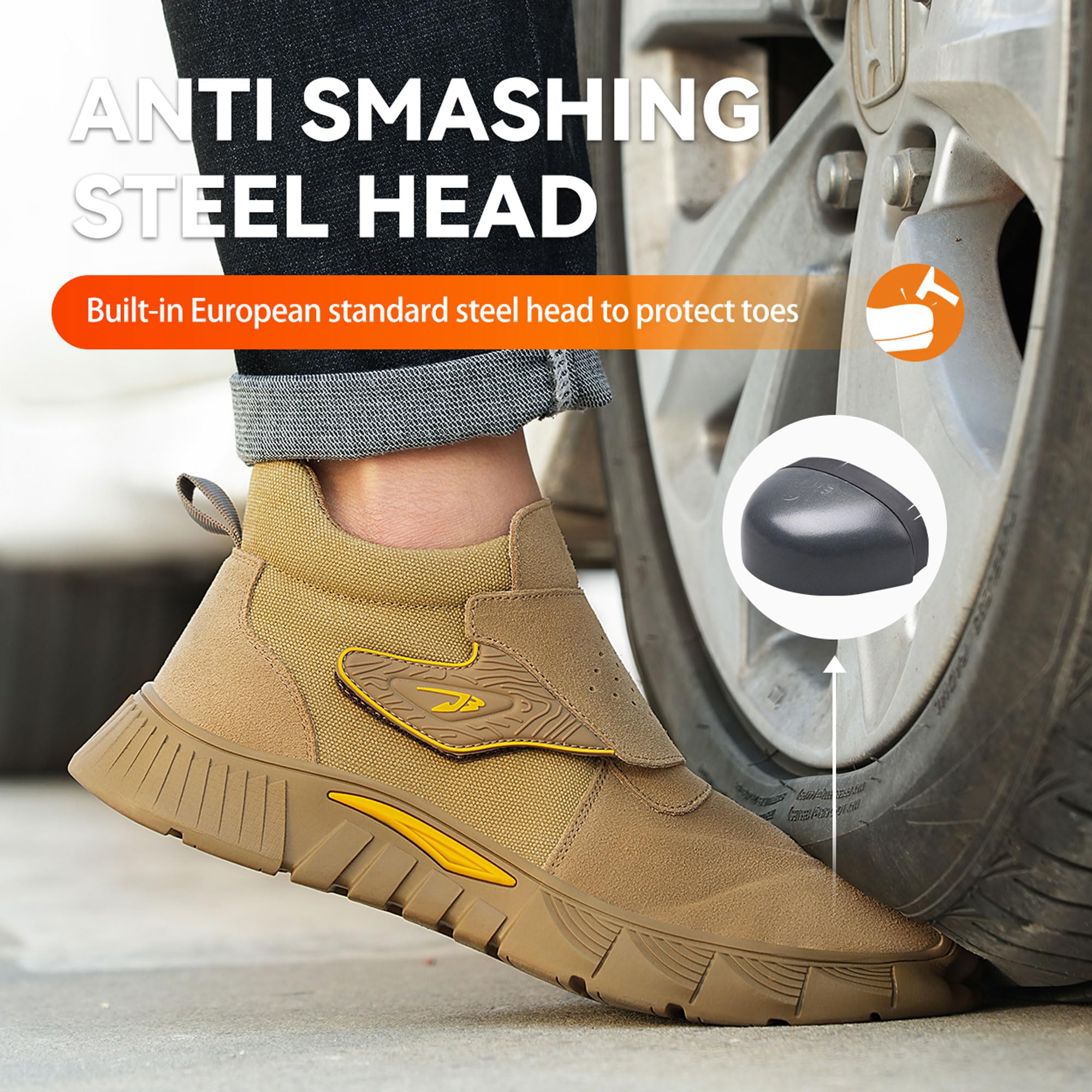 Jueshanzj Safety Shoes Steel Head Industrial Construction Shoes Low-top Men's Shoes wear Tumbled Leather Stirrups Yellow 6