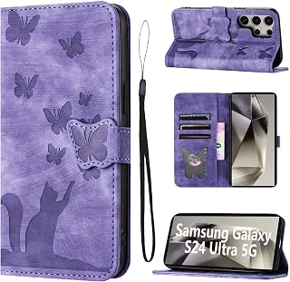 Folding Cover Case For Samsung Galaxy S24 Ultra 5G Stand Function Samsung Galaxy S24 Ultra Case With Card Slots Cover Samsung S24 Ultra Cats Butterfly Pattern Leather Cover Purple
