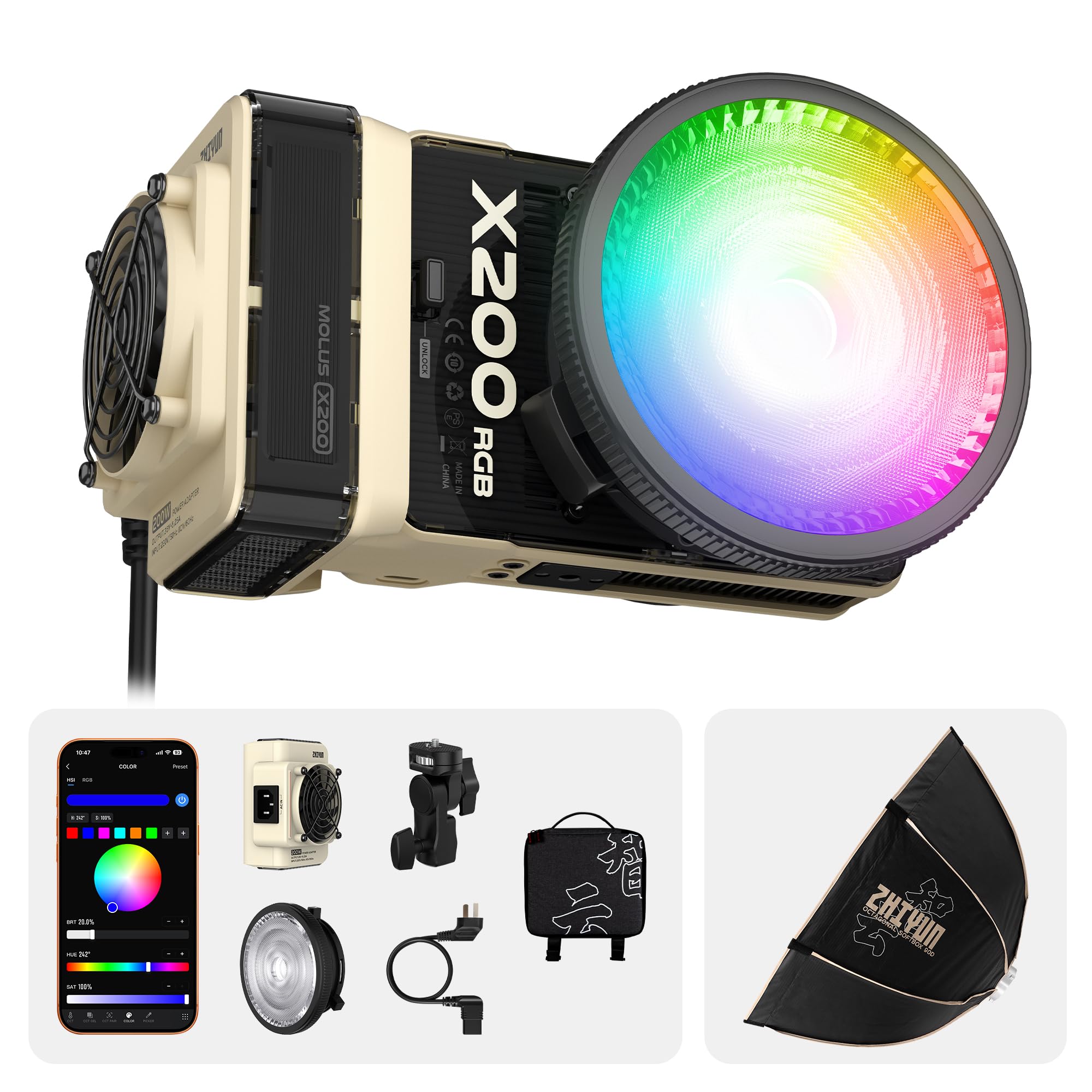 ZHIYUN MOLUS X200 RGB Standard 200W Video Light [Official] + 35"/90cm Octagonal Softbox Quick Release Bowens Mount Softbox Handheld Continuou Output Light Portable Professional Photography Lighting