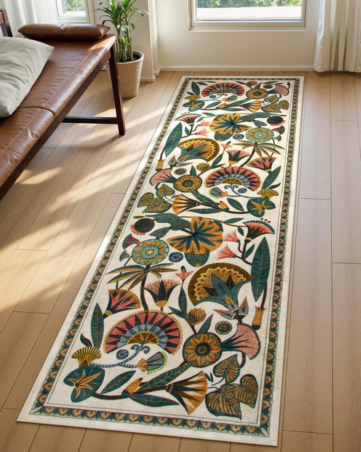 Zealude Egypt Floral Washable Bathroom Runner Rug for Kitchen Floor,2x8 Boho Rug Runners for Hallways Entryway,Vintage Non Slip Soft Throw Carpet for