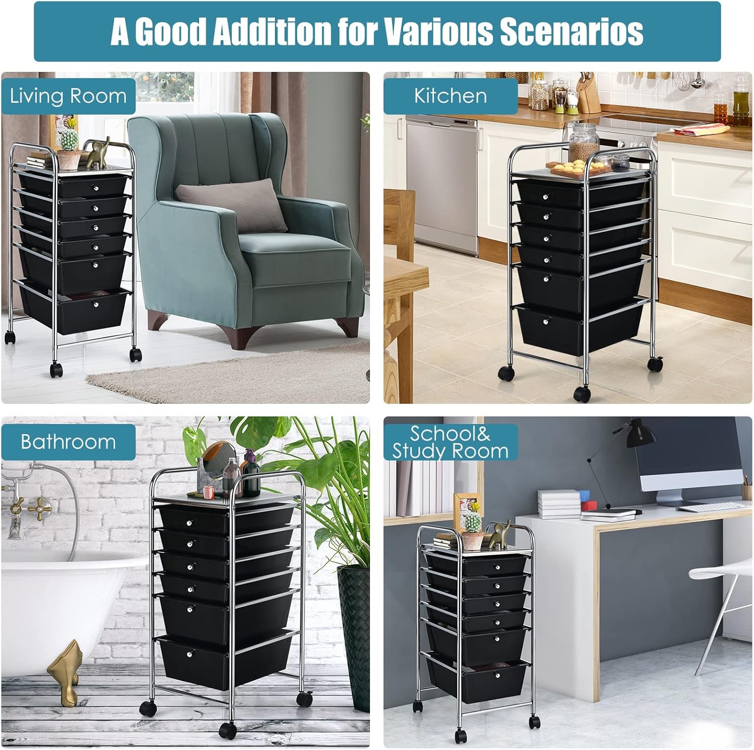LDAILY 6 Drawers Rolling Storage Cart, Mobile Utility Drawer Cart, Storage Trolley with Lockable Wheels, 6 Tiers Multifunctional Storage Organizer, Ideal for Office, School, Home (Black)