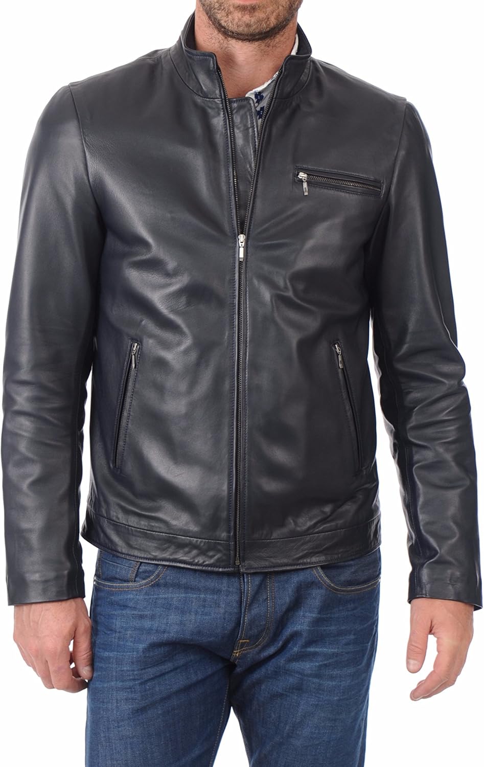D DOLLY LAMB Men's SWORD Black Genuine Lambskin Leather Biker Jacket
