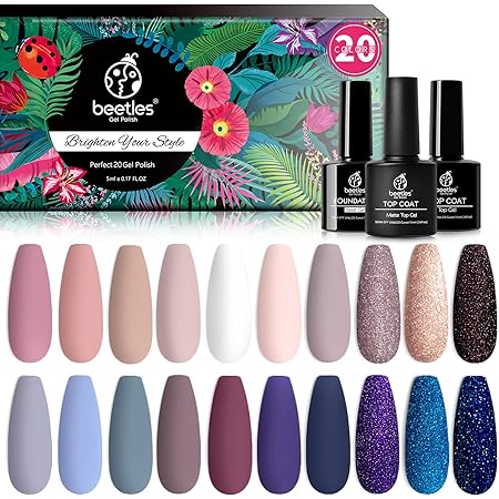 Beetles 20Pcs Gel Nail Polish Kit, with Glossy & Matte Top Coat and Base Coat- Girls Night Collection Popular White Nude Gray Glitters Soak Off Gel Polish Christmas Gift