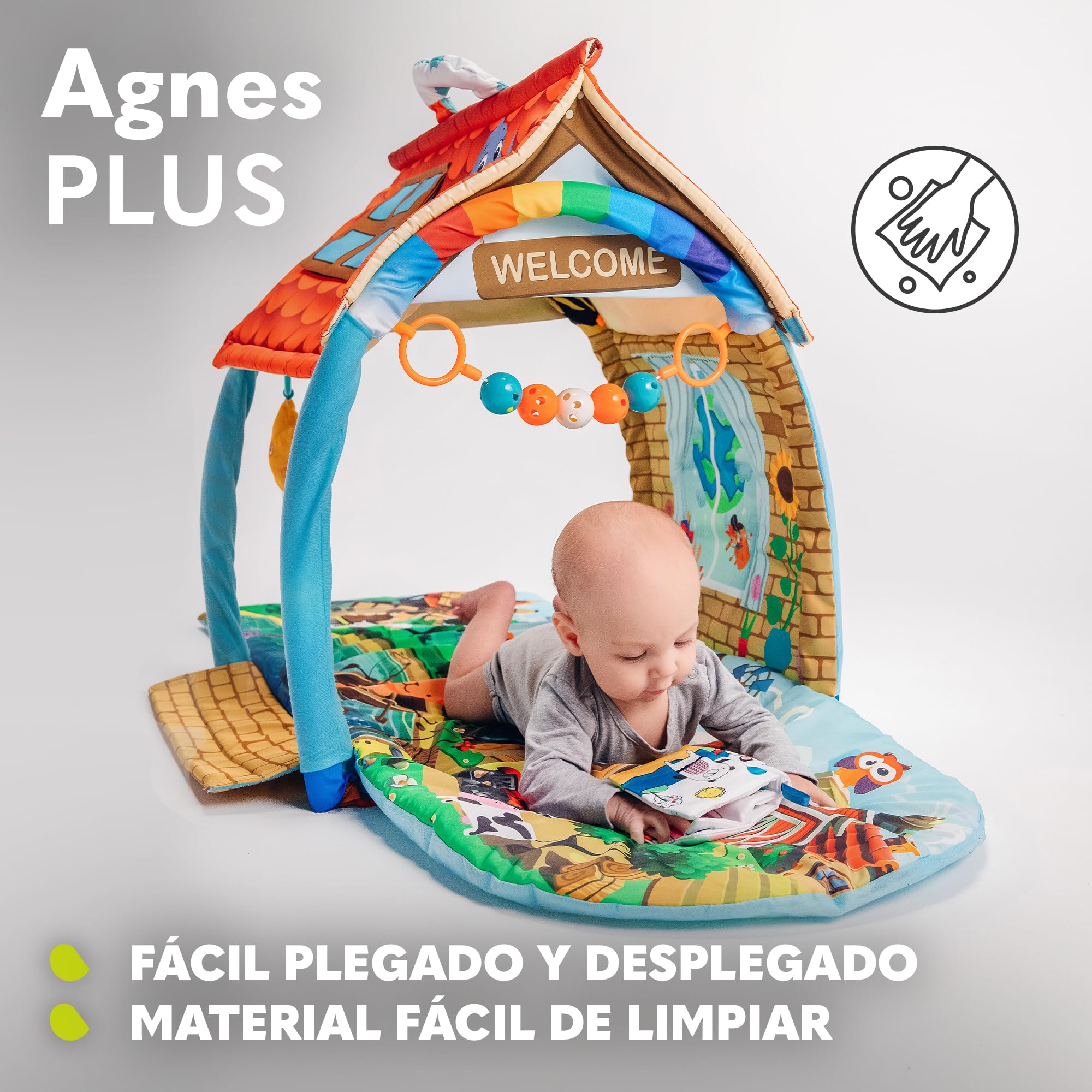lionelo Agnes 2en1 Manta de Gateo para el bebé, Alfombra de Juego para el bebé, 2 Arcos de Juego, casa de Juego, Libro de Tela, Juguetes de Colores, Cadena de sonajeros, Fondo Reforzado