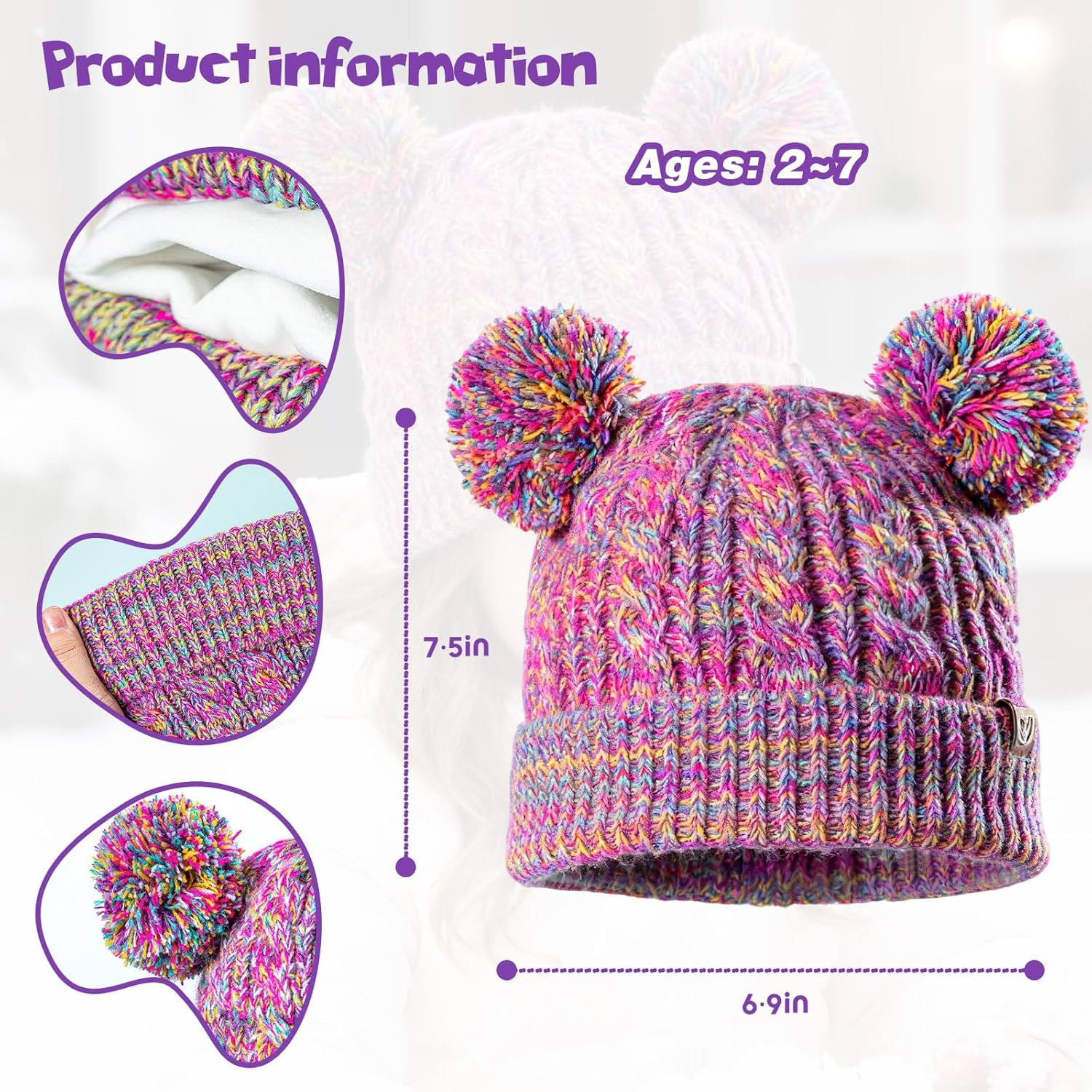 Gealaek Kids Winter Hat with Pom Pom, Toddler Beanie with Warm Fleece Lined, Cute Girls Snow Cap - Image 2