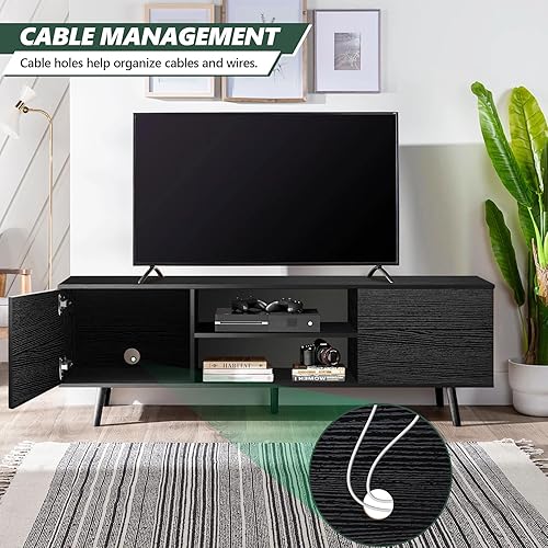 Miniatura 5 de Soporte de TV para TV de 55 y 60 pulgadas, soporte de televisión de madera negra, 2 gabinetes, centro de entretenimiento moderno con almacenamiento