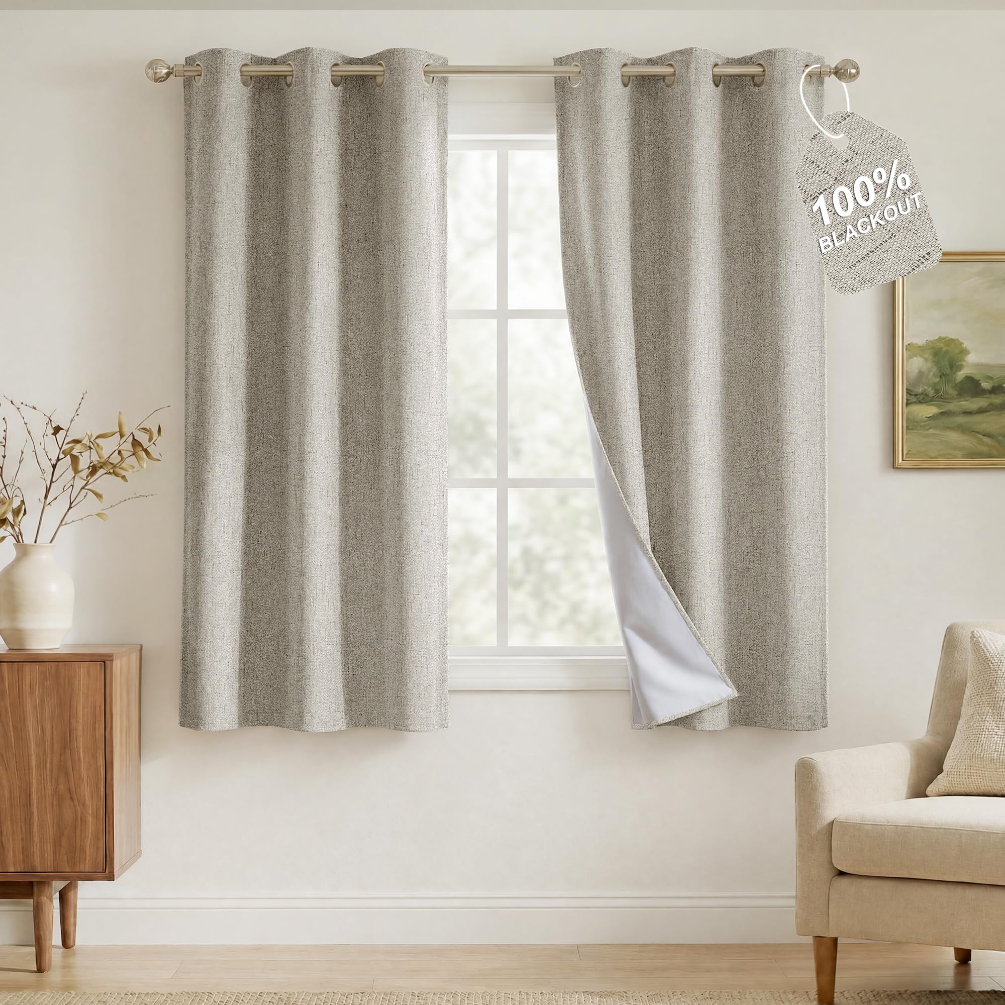 NICETOWN 100% Blackout Linen Blend Beige Bedroom Curtains, Safe White Liner Composite Grommet Window Treatments Sound Dampening Home Decors for Kids Room, 2 Panels,W34 x L60