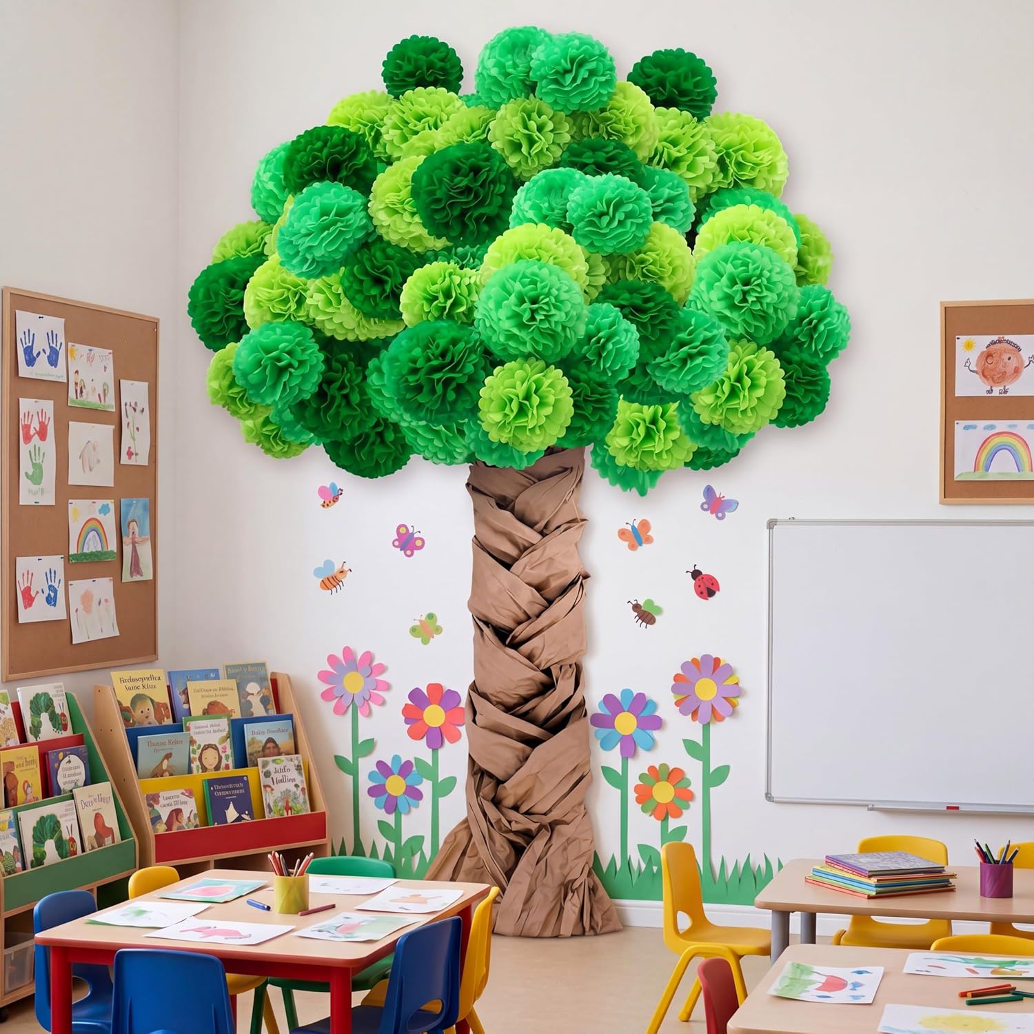 Mooliwe Classroom Tree Bulletin Board Set DIY 3D Cardboard Tree with Paper Pom Poms Kraft Craft Bulletin Board Wall 3D Decorations for School Elementary Teacher Chalkboard (Green,8, 10, 12 Inch)