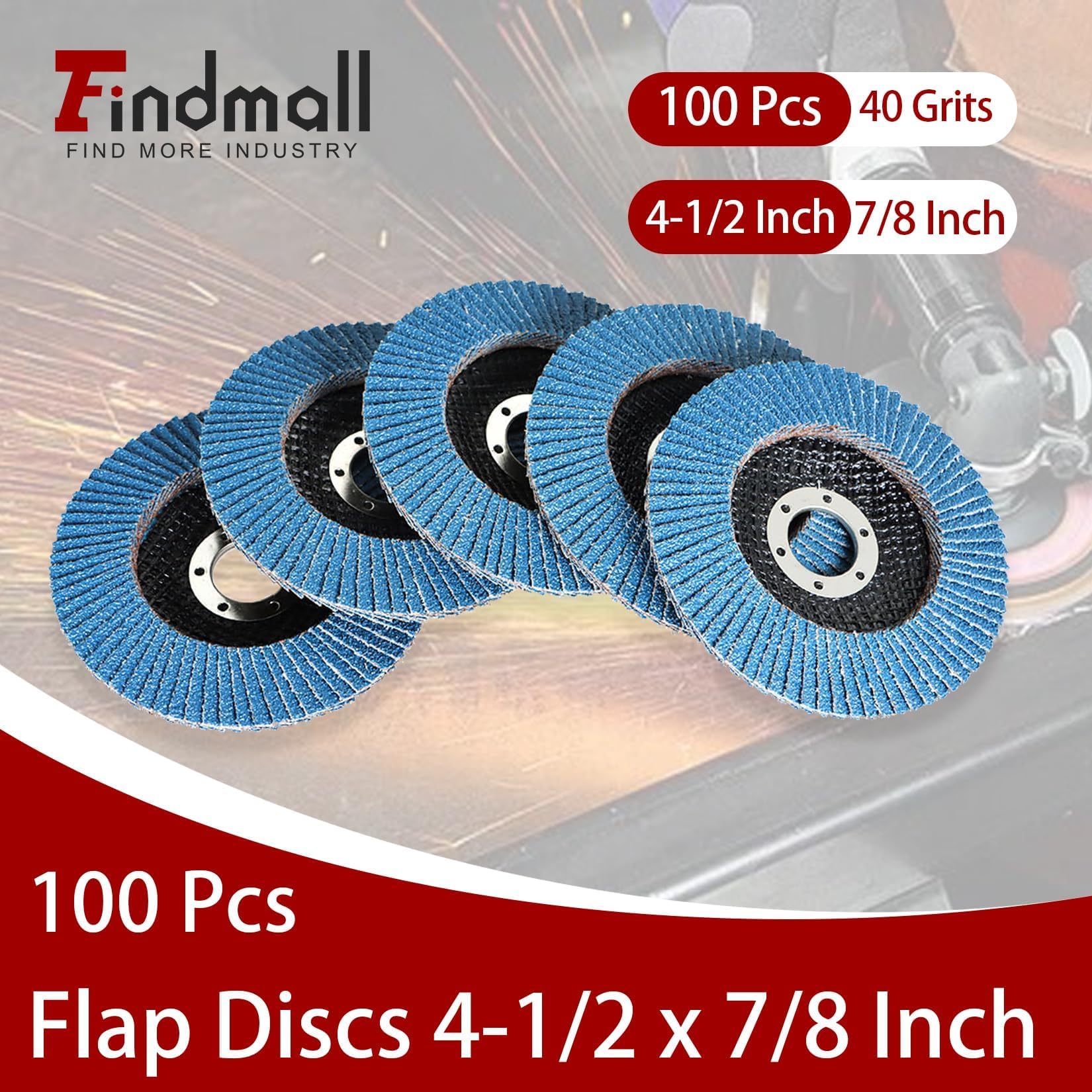 findmall 100 discos de solapa de 4-1/2 x 7/8 pulgadas, grano 40, rueda de molienda de circonia, disco de lijado abrasivo