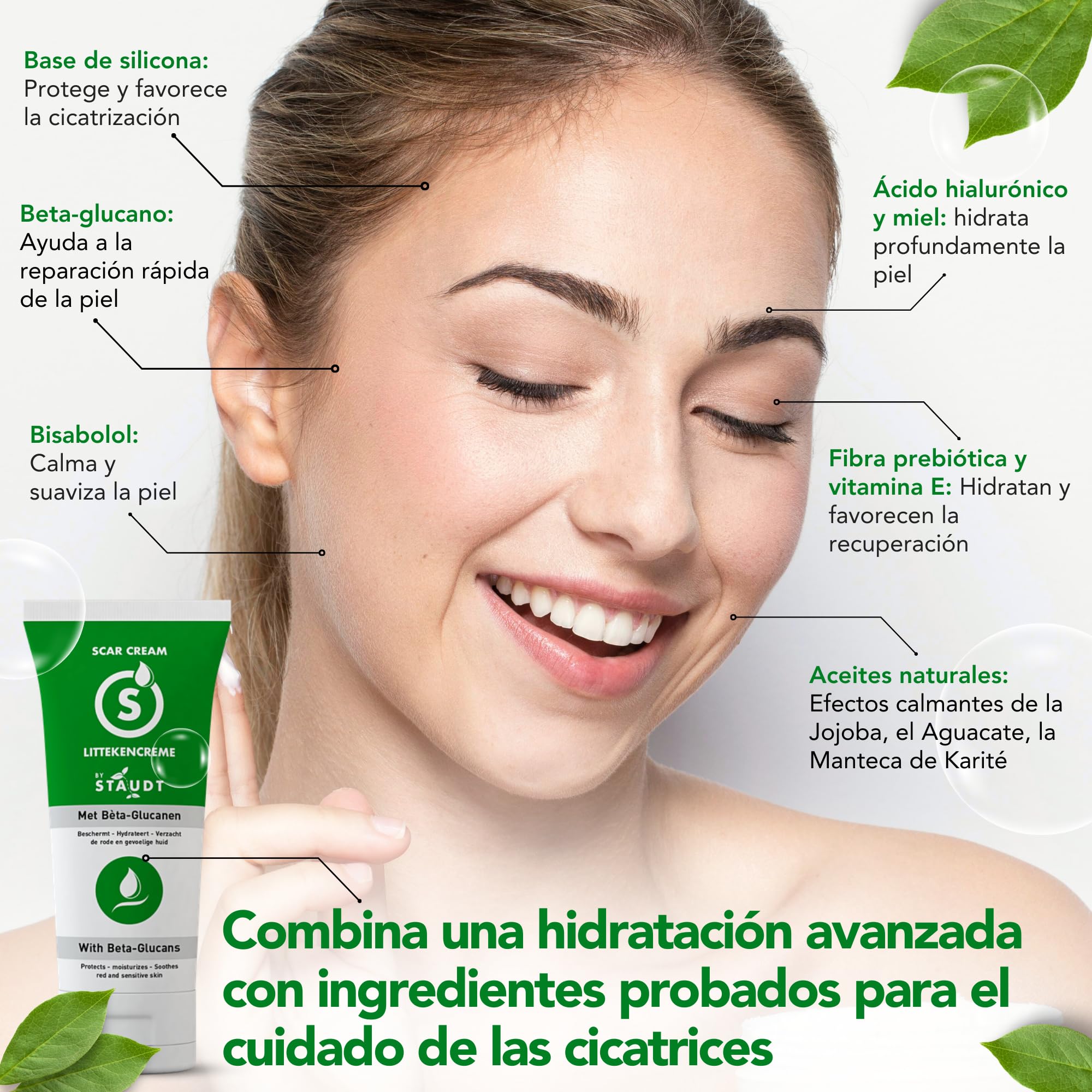 Crema Cicatrizante Staudt Premium - Fórmula con Vitamina E, Miel, Ácido Hialurónico y Silicona - Reductor de Cicatrices para Viejas y Nuevas Quemaduras, Cesáreas, Estrías, Eczema