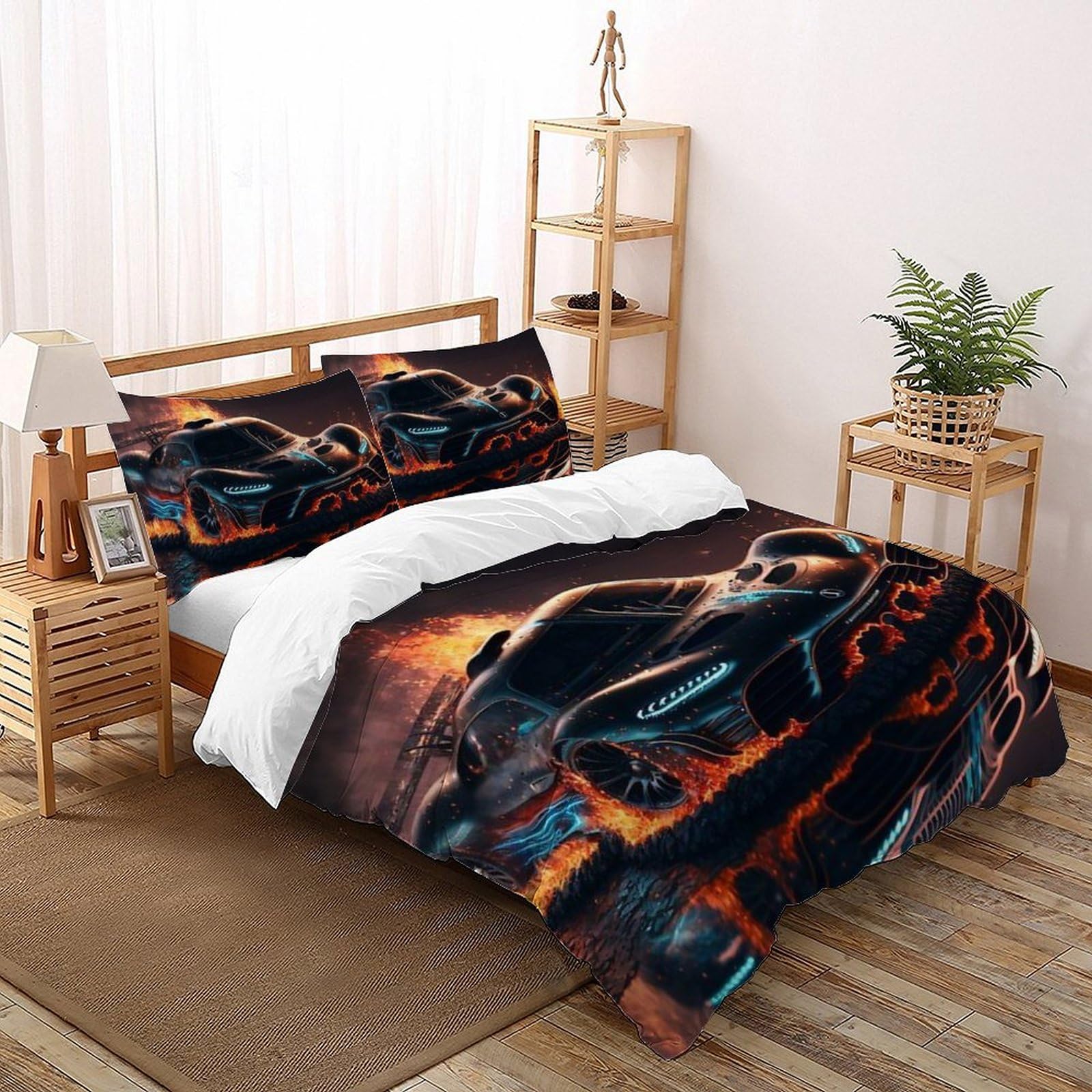 Housse de couette garçon voiture de feu 260x220cm en microfibre douce avec taies d'oreiller