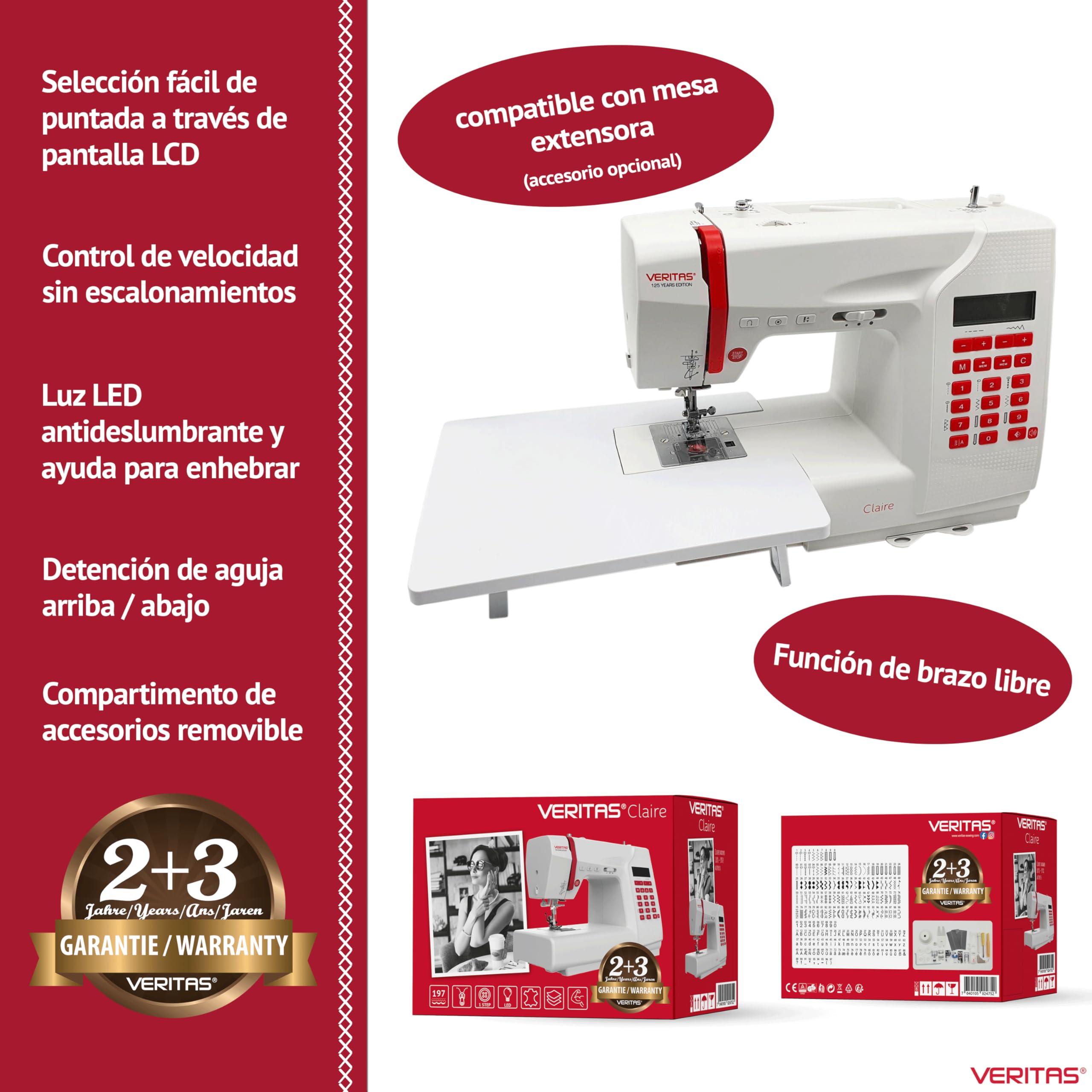 VERITAS Máquina de coser Claire I computarizada I 197 programas con función de memoria I Tensión automática del hilo & Ayuda para enhebrar I Cortador de hilo I Alfabeto y números (blanco)