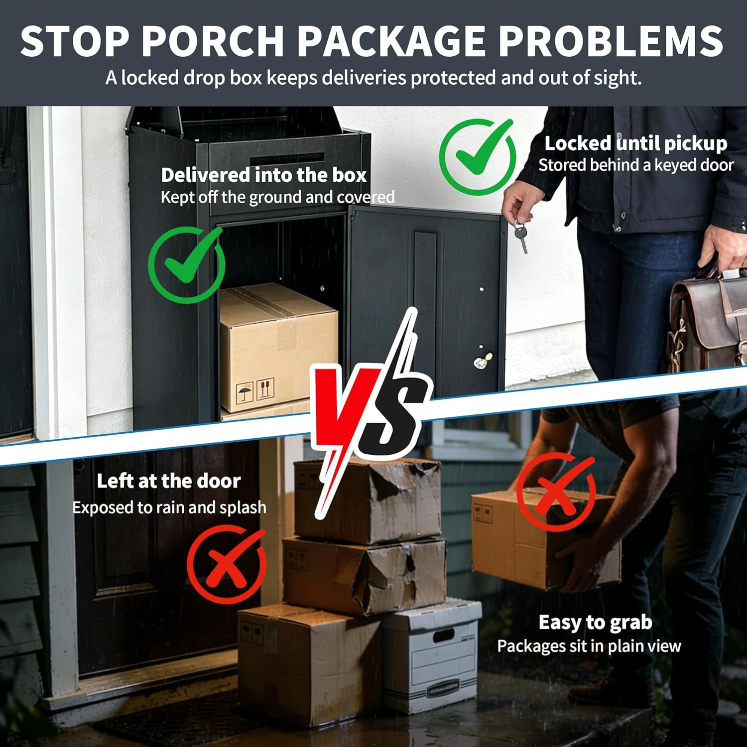 Package Delivery Boxes for Outside, 34" Steel Mailbox for Parcel with Lock, Waterproof Amazon Drop Box with Anti Theft Mechanism, Holds Multiple Packages & Includes Mail Slot for Porch Fence Curbside