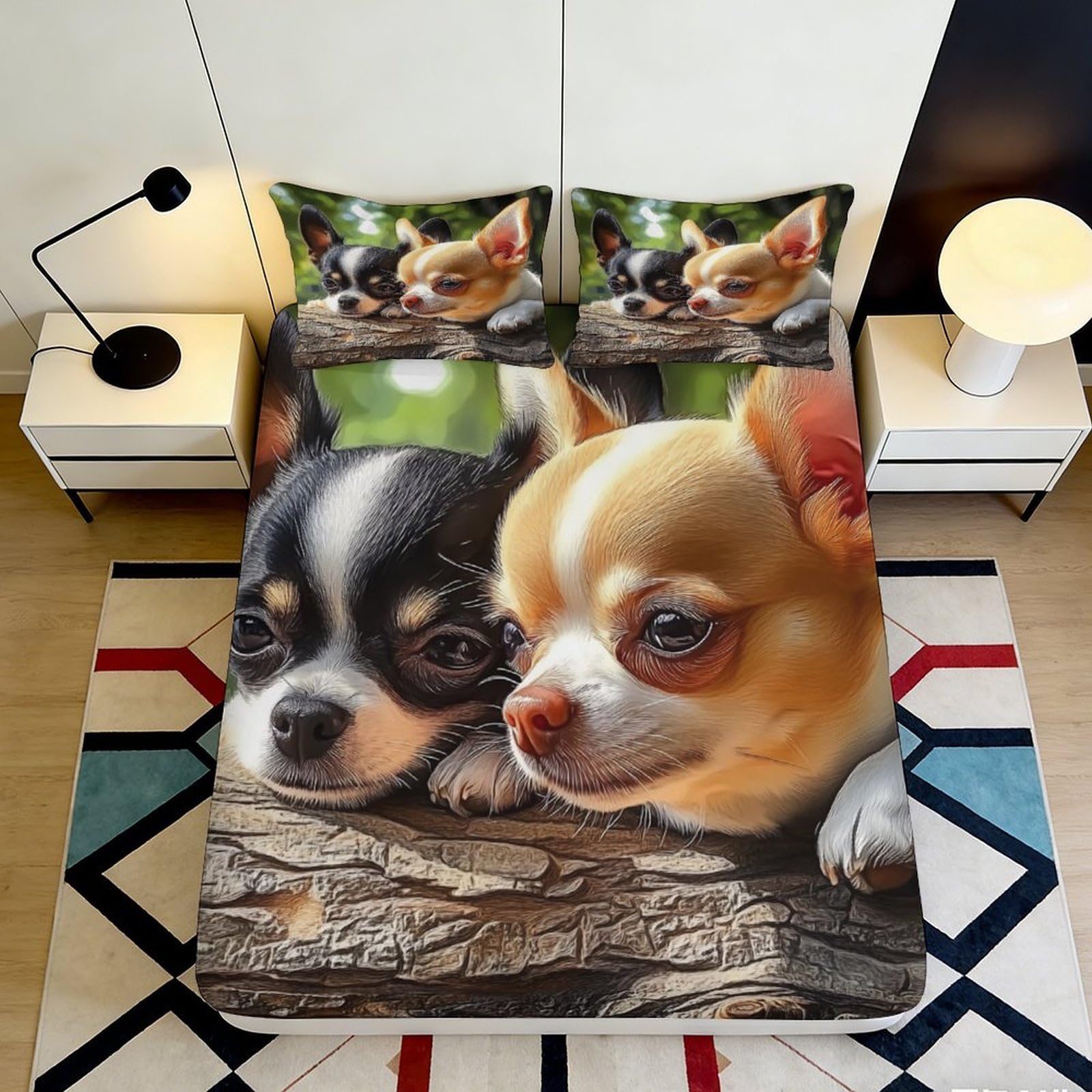 3D Printed Chihuahua Dogs Fitted Sheet Microfiber Soft Breathable Puppy Print Bed Cover for Bedroom Dormitory Guest Room Mattress Protection Decor 120x200x25cm
